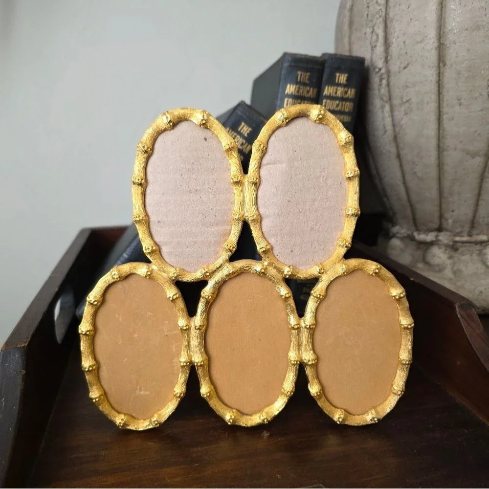 Gold Plated Faux Bamboo 5 Picture Frame 1970s Gilt Metal Grandmill